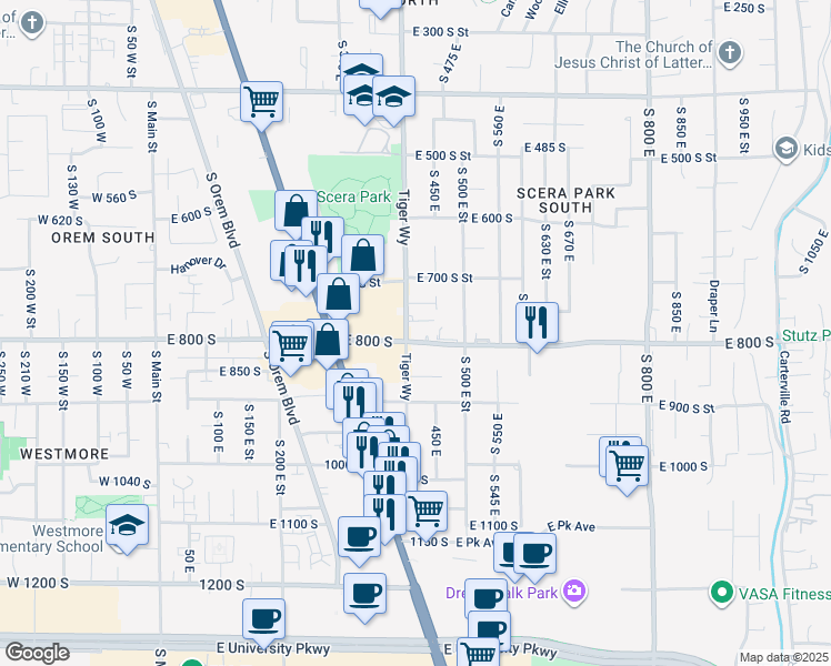 map of restaurants, bars, coffee shops, grocery stores, and more near 407 East 800 South in Orem