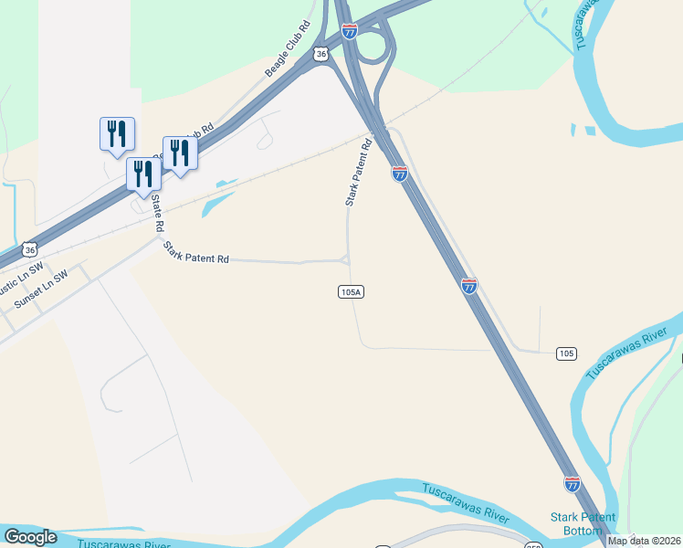 map of restaurants, bars, coffee shops, grocery stores, and more near 4748 Stark Patent Road in Newcomerstown
