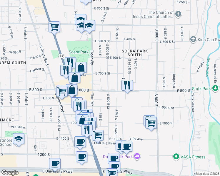 map of restaurants, bars, coffee shops, grocery stores, and more near 509 East 800 South in Orem