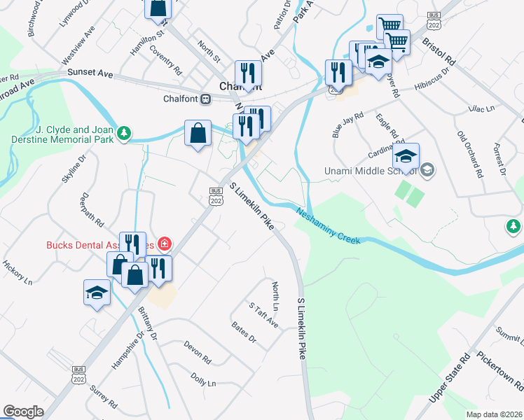 map of restaurants, bars, coffee shops, grocery stores, and more near 50 South Limekiln Pike in Chalfont