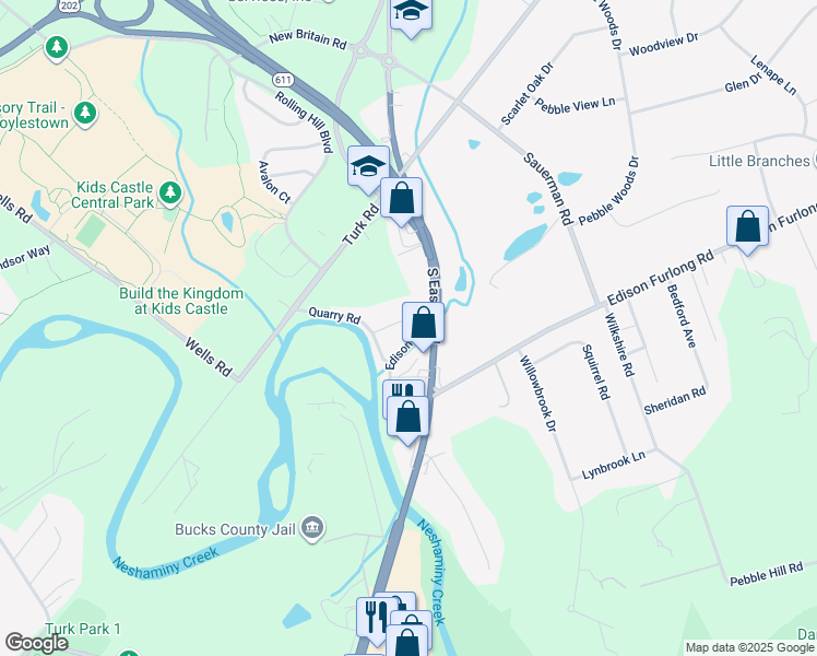 map of restaurants, bars, coffee shops, grocery stores, and more near 80 Edison Road in Doylestown