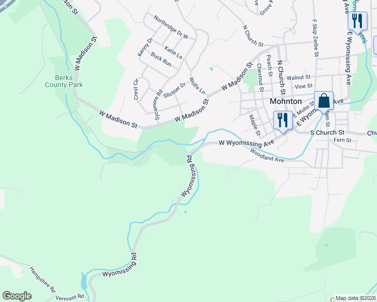 map of restaurants, bars, coffee shops, grocery stores, and more near 207 Wyomissing Road in Mohnton
