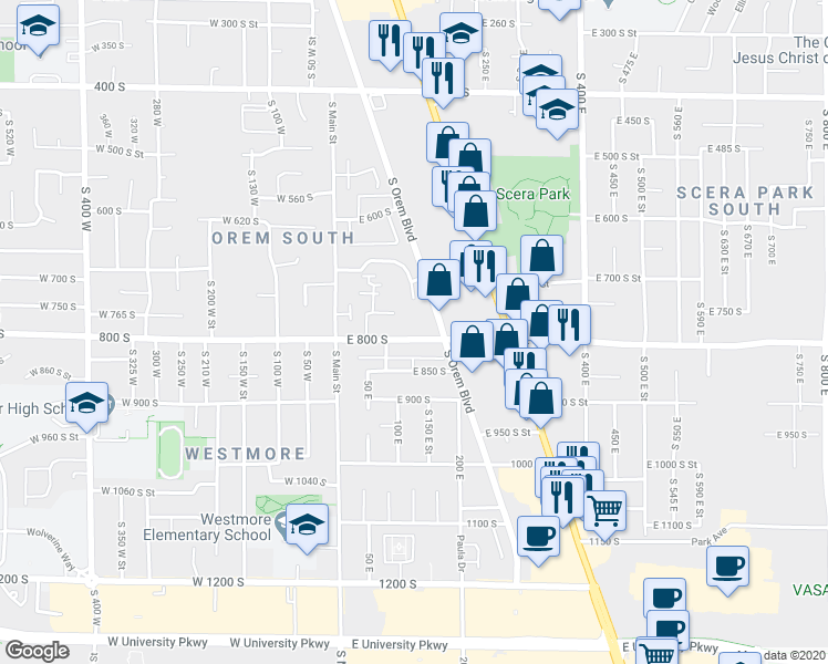 map of restaurants, bars, coffee shops, grocery stores, and more near 141 East 800 South in Orem