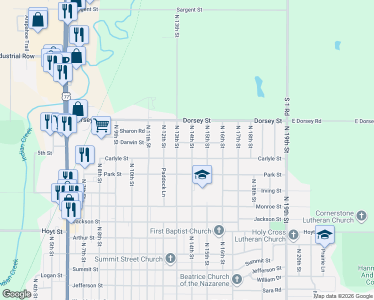 map of restaurants, bars, coffee shops, grocery stores, and more near 1607 North 14th Street in Beatrice