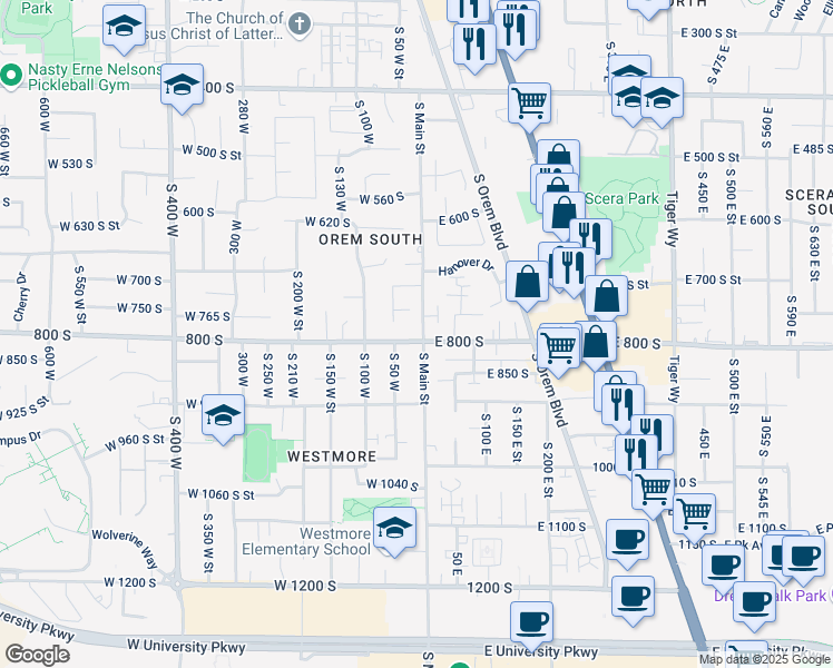 map of restaurants, bars, coffee shops, grocery stores, and more near 792 South Main Street in Orem