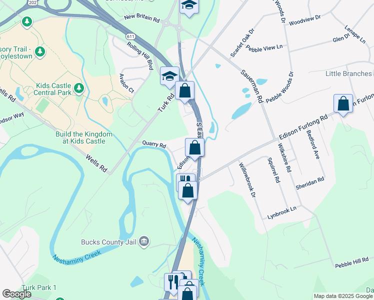 map of restaurants, bars, coffee shops, grocery stores, and more near 80 Edison Road in Doylestown