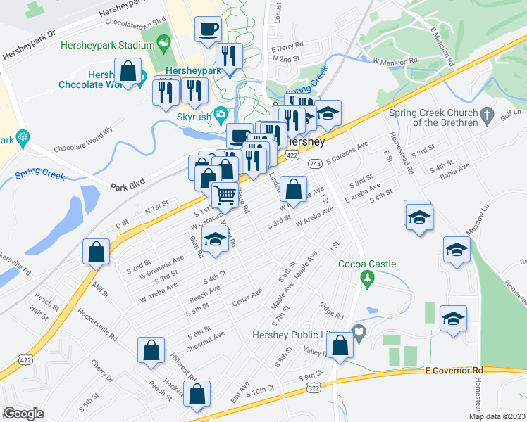 map of restaurants, bars, coffee shops, grocery stores, and more near 135 West Granada Avenue in Hershey