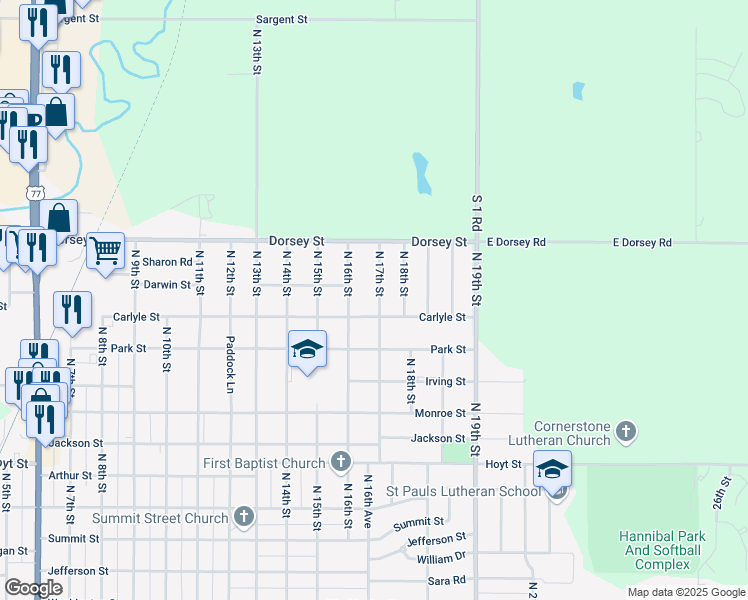 map of restaurants, bars, coffee shops, grocery stores, and more near 1613 North 17th Street in Beatrice