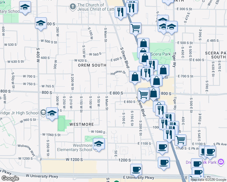 map of restaurants, bars, coffee shops, grocery stores, and more near 47 East 800 South in Orem