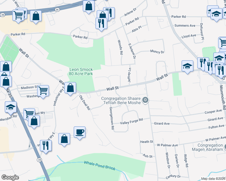 map of restaurants, bars, coffee shops, grocery stores, and more near 460 Wall Street in Eatontown