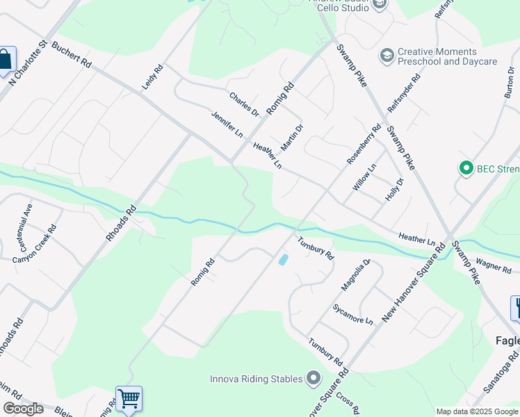 map of restaurants, bars, coffee shops, grocery stores, and more near 2464 Romig Road in Gilbertsville