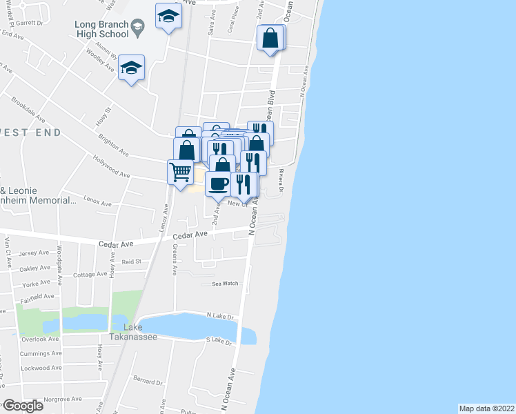 map of restaurants, bars, coffee shops, grocery stores, and more near 660 Ocean Avenue in Long Branch