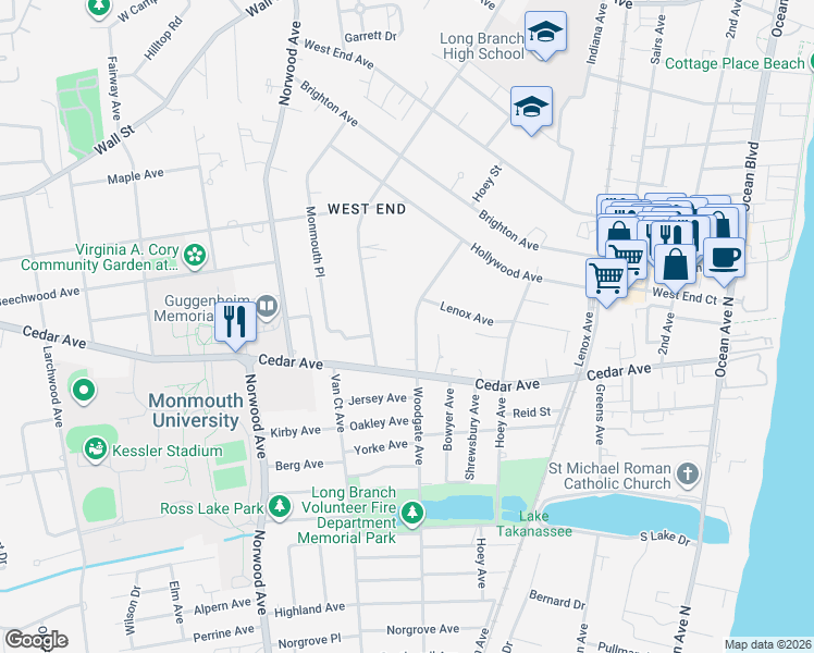 map of restaurants, bars, coffee shops, grocery stores, and more near 685 Woodgate Avenue in Long Branch