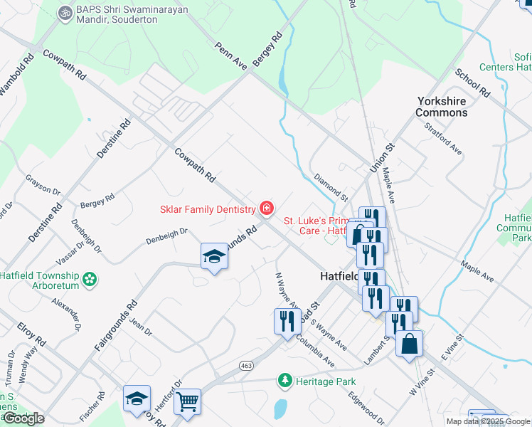 map of restaurants, bars, coffee shops, grocery stores, and more near 1898 Fairgrounds Road in Hatfield