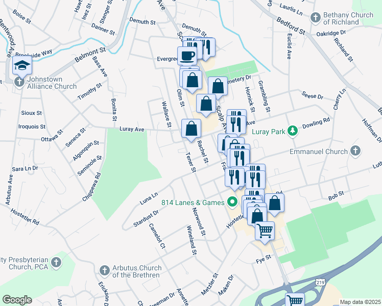 map of restaurants, bars, coffee shops, grocery stores, and more near 103 Kinamrok Street in Johnstown