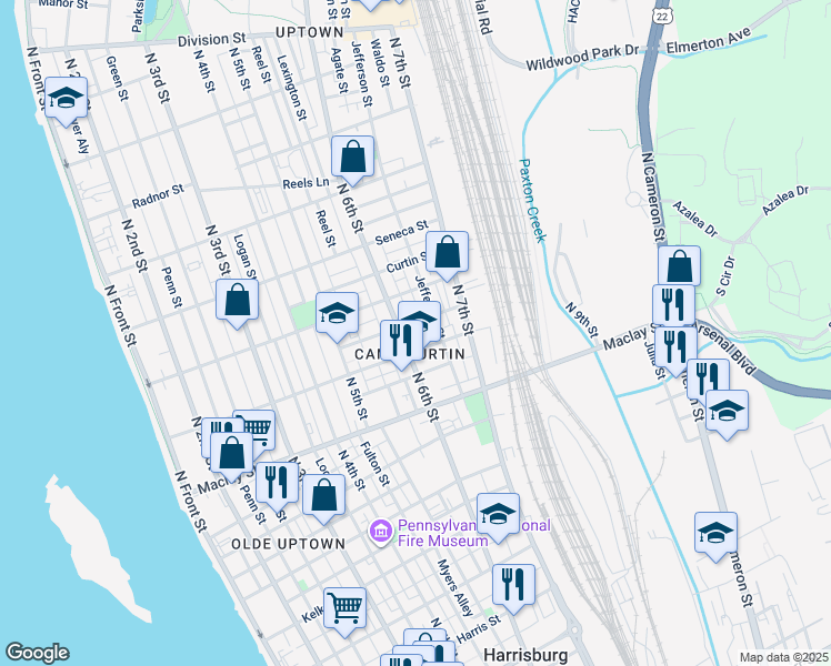 map of restaurants, bars, coffee shops, grocery stores, and more near 2221 North 6th Street in Harrisburg
