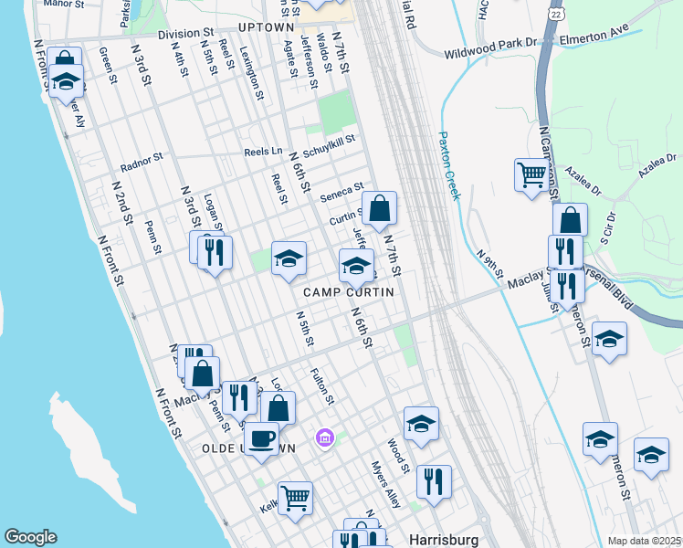 map of restaurants, bars, coffee shops, grocery stores, and more near 2221 North 6th Street in Harrisburg