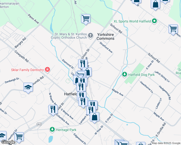 map of restaurants, bars, coffee shops, grocery stores, and more near 5 Maple Avenue in Hatfield