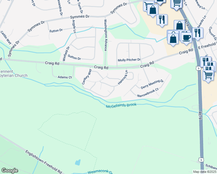 map of restaurants, bars, coffee shops, grocery stores, and more near 33 Hancock Lane in Manalapan Township