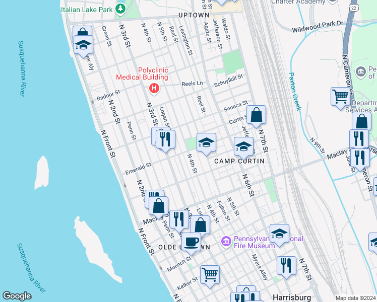 map of restaurants, bars, coffee shops, grocery stores, and more near 2299 North 4th Street in Harrisburg