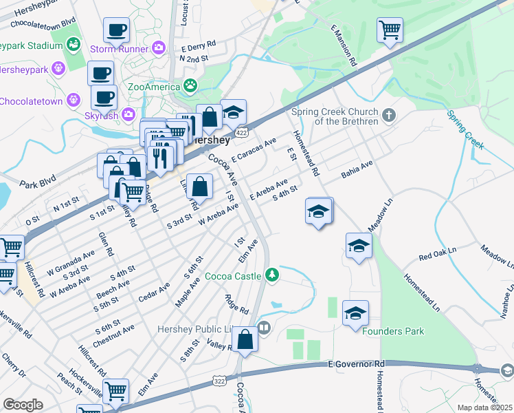 map of restaurants, bars, coffee shops, grocery stores, and more near 315 School Plaza in Hershey
