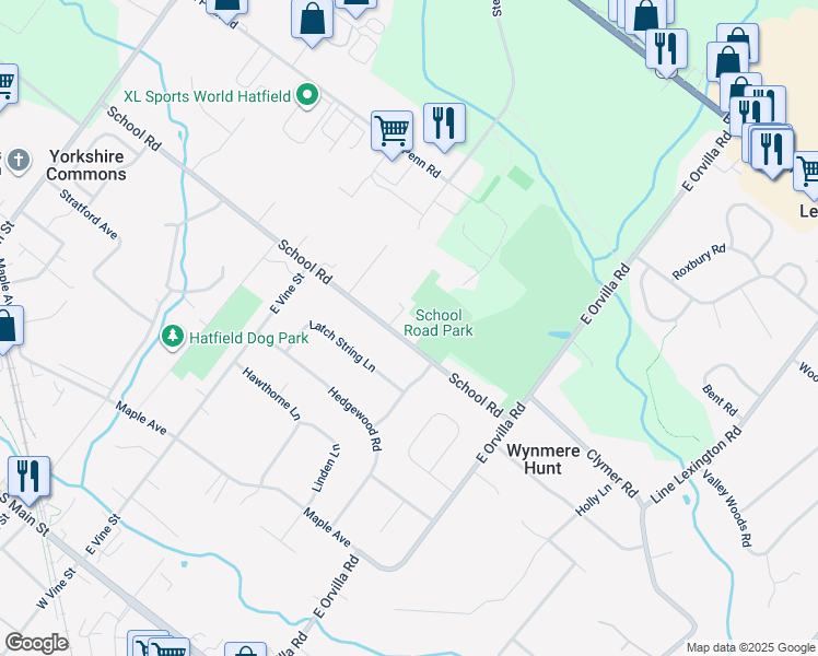 map of restaurants, bars, coffee shops, grocery stores, and more near 1631 School Rd in Hatfield