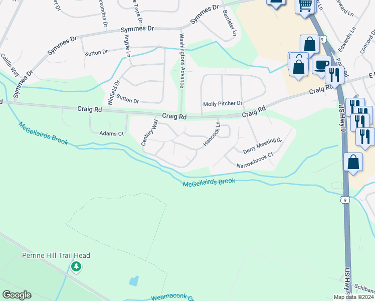 map of restaurants, bars, coffee shops, grocery stores, and more near 33 Hancock Lane in Manalapan Township