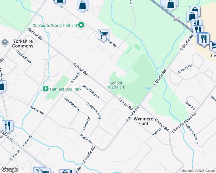 map of restaurants, bars, coffee shops, grocery stores, and more near 1631 School Rd in Hatfield