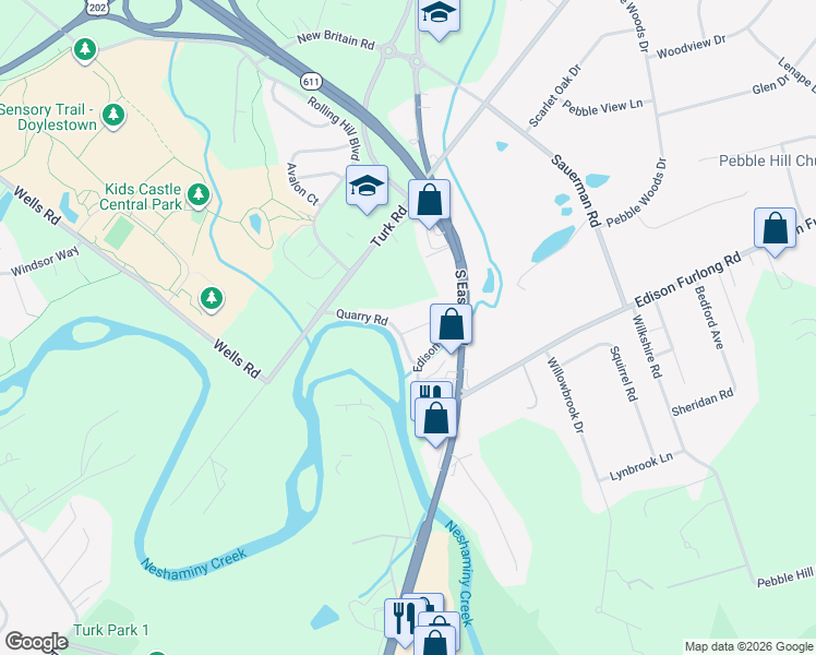 map of restaurants, bars, coffee shops, grocery stores, and more near 61 Quarry Road in Doylestown