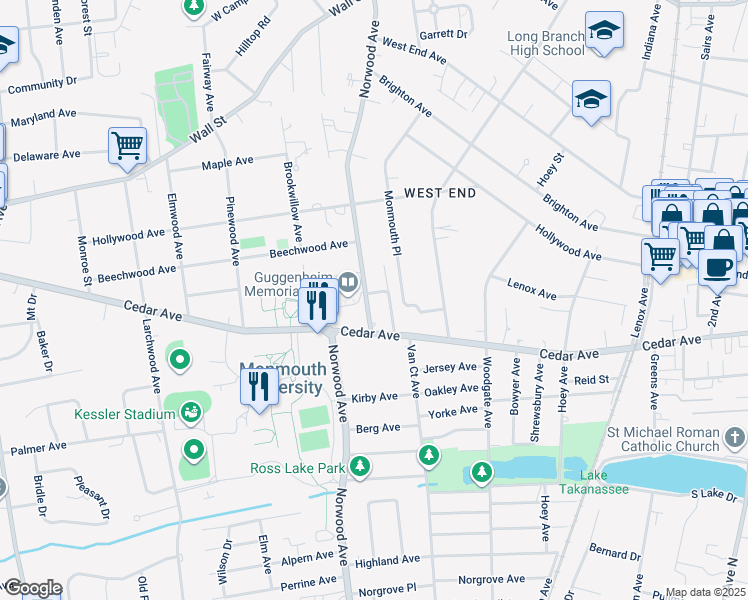 map of restaurants, bars, coffee shops, grocery stores, and more near 497 Norwood Avenue in Long Branch
