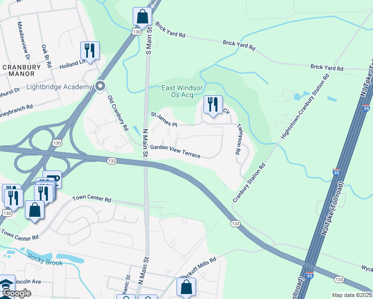 map of restaurants, bars, coffee shops, grocery stores, and more near 43 Garden View Terrace in East Windsor