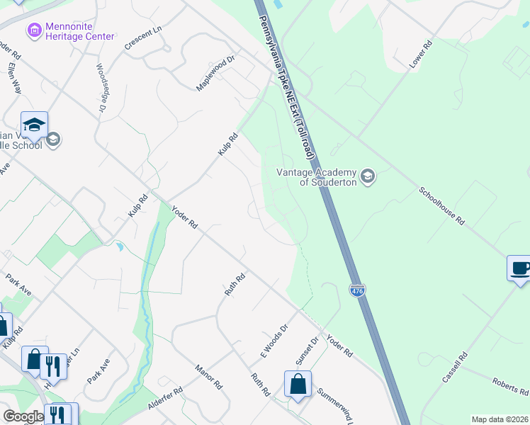 map of restaurants, bars, coffee shops, grocery stores, and more near 227 Sumner Court in Harleysville