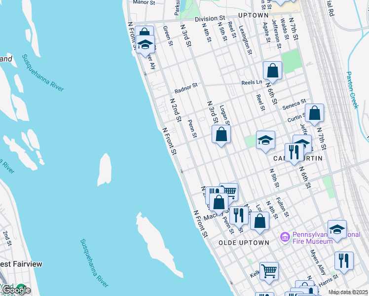 map of restaurants, bars, coffee shops, grocery stores, and more near 2345 North Front Street in Harrisburg