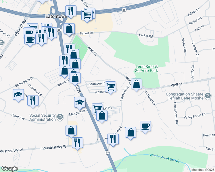 map of restaurants, bars, coffee shops, grocery stores, and more near 348 Adams Street in Eatontown