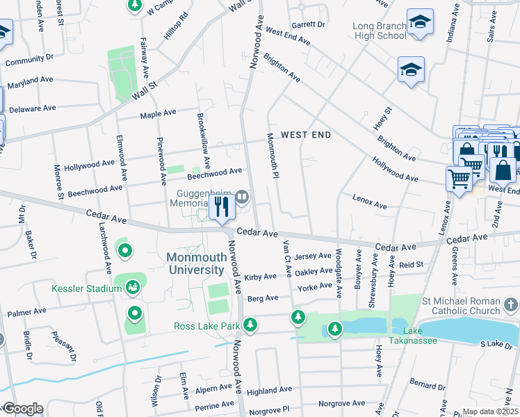 map of restaurants, bars, coffee shops, grocery stores, and more near 497 Norwood Avenue in Long Branch