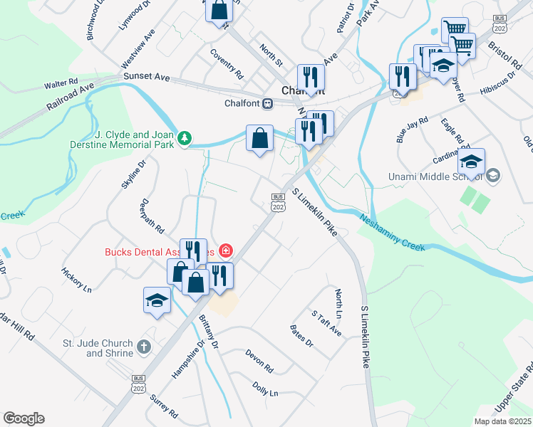 map of restaurants, bars, coffee shops, grocery stores, and more near 20 Hillside Ave in Chalfont