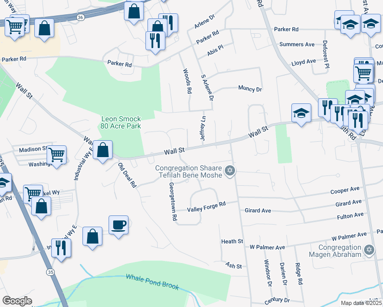 map of restaurants, bars, coffee shops, grocery stores, and more near 490 Wall Street in Eatontown
