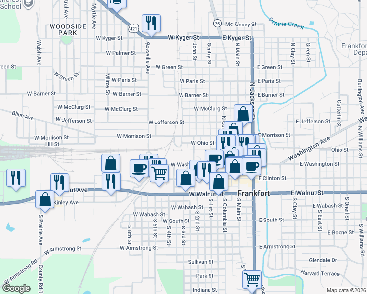 map of restaurants, bars, coffee shops, grocery stores, and more near 450 Vandalia Avenue in Frankfort