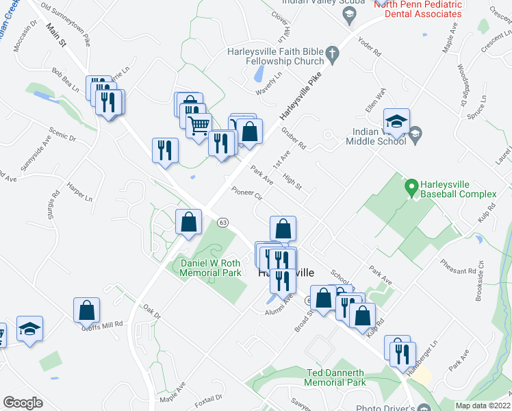 map of restaurants, bars, coffee shops, grocery stores, and more near 501 Pioneer Circle in Harleysville