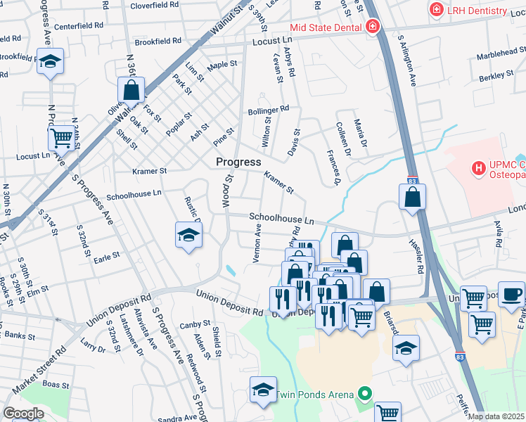 map of restaurants, bars, coffee shops, grocery stores, and more near 3800 Schoolhouse Lane in Harrisburg