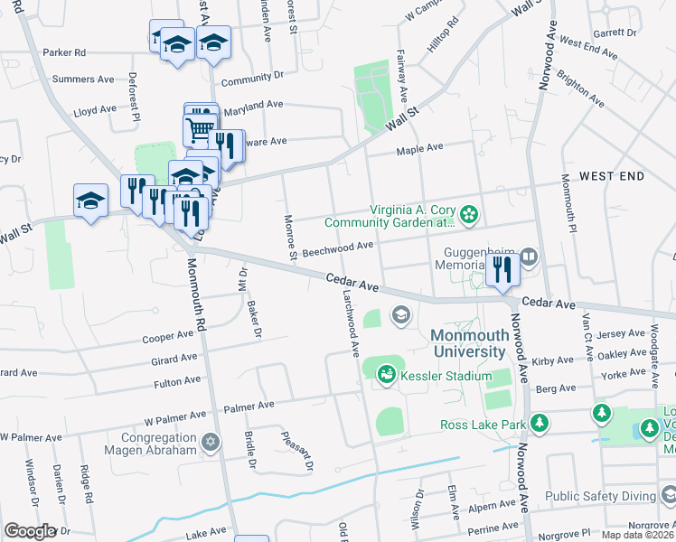map of restaurants, bars, coffee shops, grocery stores, and more near 515 Cedar Avenue in West Long Branch