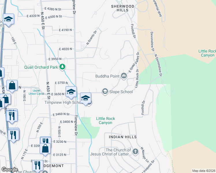 map of restaurants, bars, coffee shops, grocery stores, and more near 3663 North 870 East in Provo