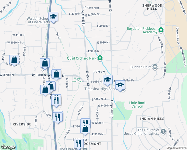map of restaurants, bars, coffee shops, grocery stores, and more near 3695 North 500 East in Provo