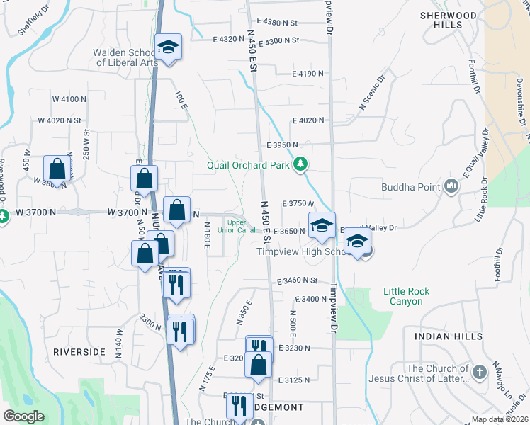 map of restaurants, bars, coffee shops, grocery stores, and more near 3707 North Canyon Road in Provo
