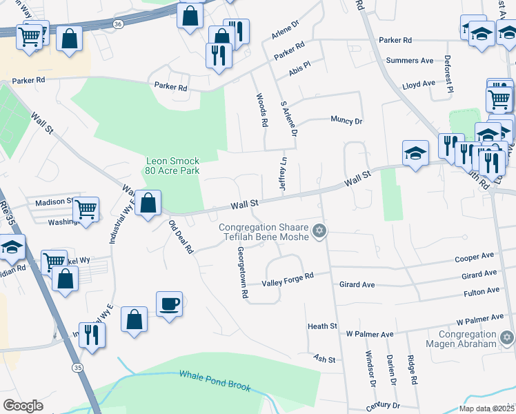 map of restaurants, bars, coffee shops, grocery stores, and more near 490 Wall Street in Eatontown