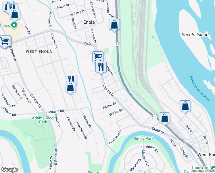map of restaurants, bars, coffee shops, grocery stores, and more near 242 South Enola Drive in Enola