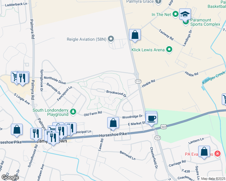 map of restaurants, bars, coffee shops, grocery stores, and more near 426 Brookwood Drive in Palmyra