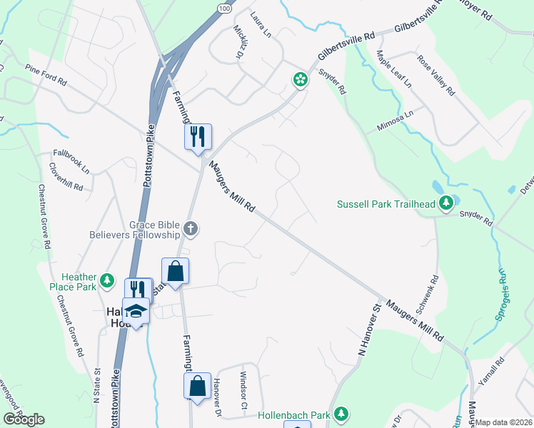 map of restaurants, bars, coffee shops, grocery stores, and more near 104 Maugers Mill Road in Pottstown