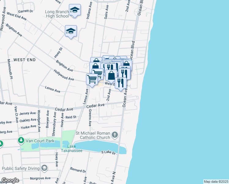 map of restaurants, bars, coffee shops, grocery stores, and more near 36 New Court in Long Branch