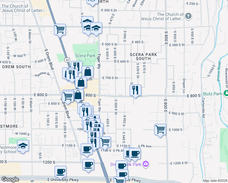 map of restaurants, bars, coffee shops, grocery stores, and more near 776 South 500 East in Orem